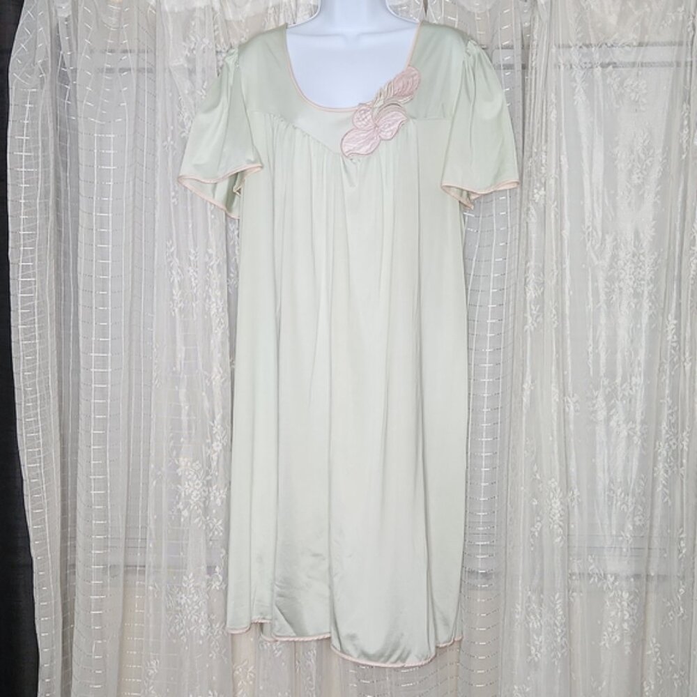 Vintage 70's 80's Mint Nightgown House Dress W/ Tropical Floral Applique Sz2x